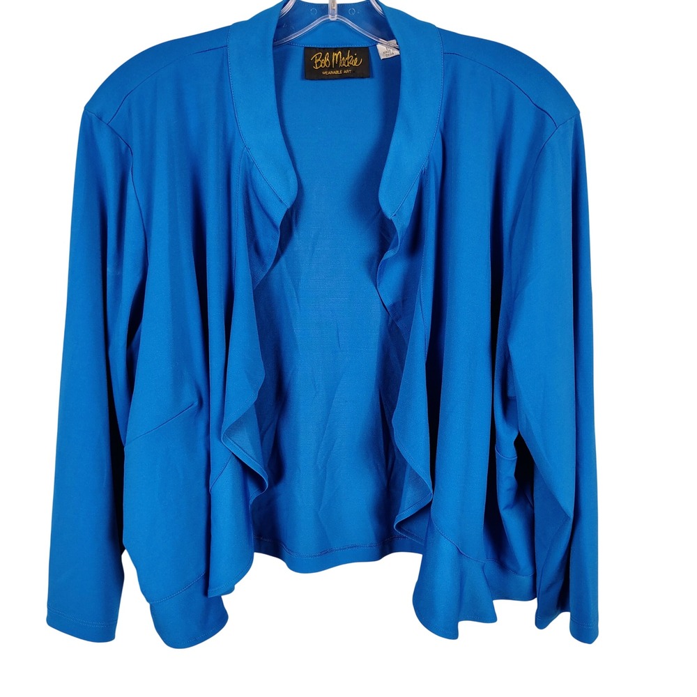 Bob Mackie Womens 1X Wearable Art Ruffle Open Front Cardigan Blue Stretch Artful